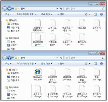 세이지 랜섬웨어에 의해 암호화된 문서 파일 전후 비교(자료:하우리)