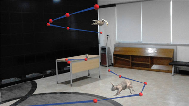 실제 투과형 안경으로 본 AR 객체 이동경로 설정 모습