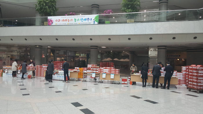 정부대전청사공무원연합회가 마련한 사과 재배 농가 돕기 판매 행사장에서 공무원들이 사과를 구입하고 있다.