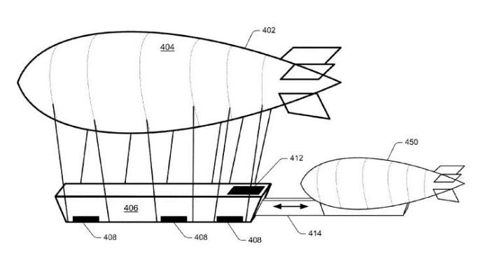 아마존의 '배송용 드론을 이용한 항공 수송 센터' 특허. '450'은 소규모 비행선으로 드론이나 필요한 물품을 AFC로 실어 나른다. / 자료:미국 특허상표청(USPTO)