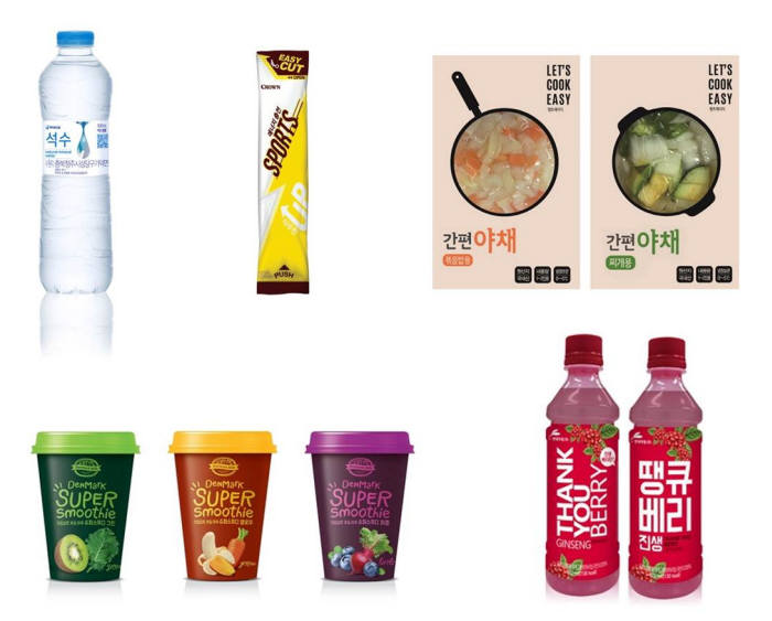 (왼쪽 위부터 시계방향순) 하이트진로음료 '석수' 500mL, 크라운제과 '스포츠양갱', 세븐일레븐 '간편 야채' 2종, 현대약품 '땡큐베리진생', 동원F&B '덴마스 슈퍼 스무디' 3종