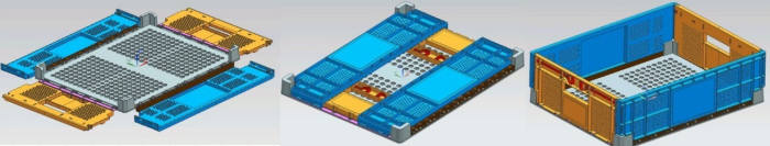 케이엠피가 개발한 한번의 사출로 생산 가능하 접이식 플라스틱 상자.