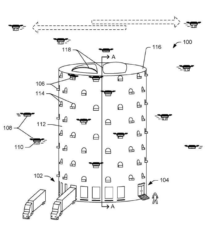아마존의 드론을 활용한 '물류배송 타워' 특허(공개번호: US20170175413) / 자료: 미국 특허상표청(USPTO)