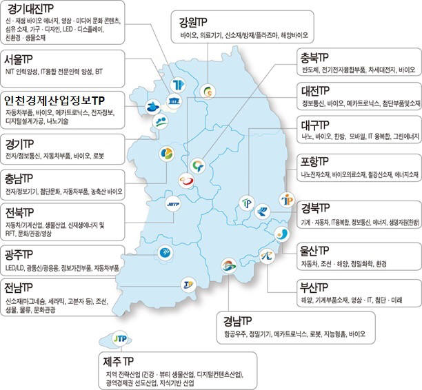 정부조직법 개편으로 관리감독 기관이 산업부에서 중기벤처부로 바뀌는 테크노파크 현황 지도