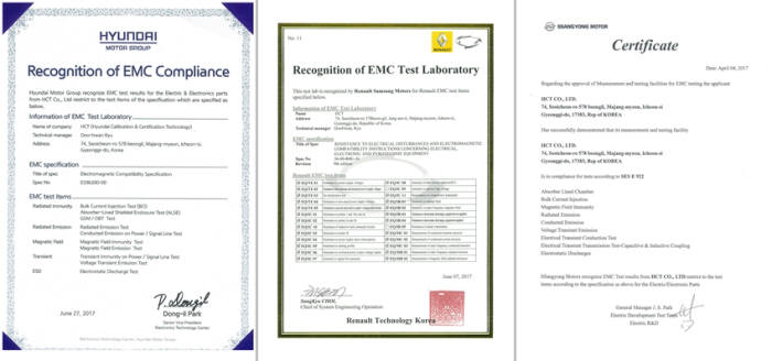 에이치시티가 국내 완성차 3사에서 EMC 시험소 자격을 취득했다. 왼쪽부터 현대·기아자동차, 르노삼성자동차, 쌍용자동차의 EMC 시험소 인정서 및 승인서.