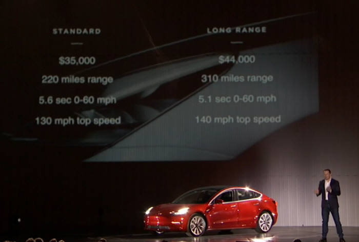 엘론 머스크 테슬라 CEO가 29일(한국시간) 공개한 '모델3' 일부 제원.