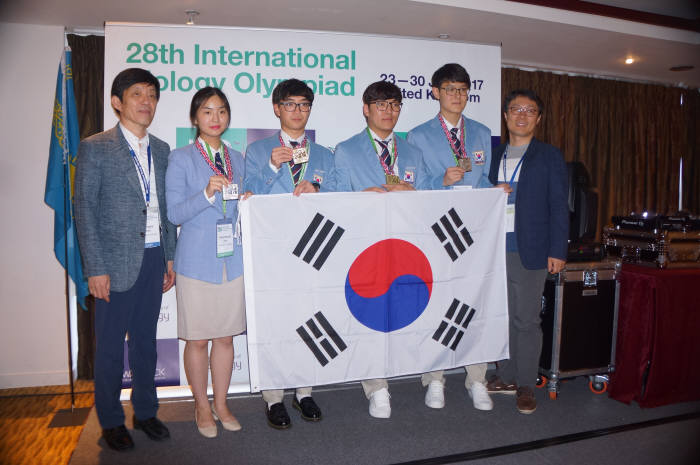 왼쪽부터 김성하 단장(한국교원대 교수), 윤현상 학생(서울과고 3), 이중무 학생(서울과고 3), 전서웅 학생(대전과고 3), 김대현 학생(세종과고 3), 정종우 부단장(이화여대 교수).