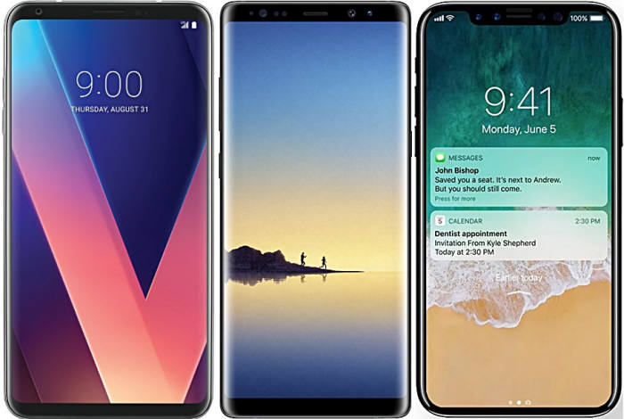 왼쪽부터 베젤리스 디자인을 적용한 LG V30, 삼성전자 갤럭시노트8, 애플 아이폰8(예상) 이미지.