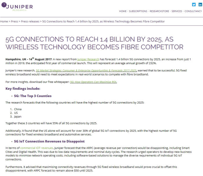영국 시장조사업체 주니퍼리서치는 '5G 시장 전략; 소비자&기업 기회와 전망' 보고서에서 2019년 시작될 5G 서비스가 6년간 연평균 232%씩 고공성장 할 것으로 내다봤다. 서비스 초기인 2019년 5G 접속 단말은 100만개에 불과하지만 2025년에는 14억개로 급증할 것으로 전망했다.