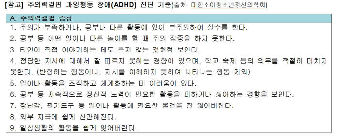 주의력결핍 과잉행동장애(ADHD) 진단기준