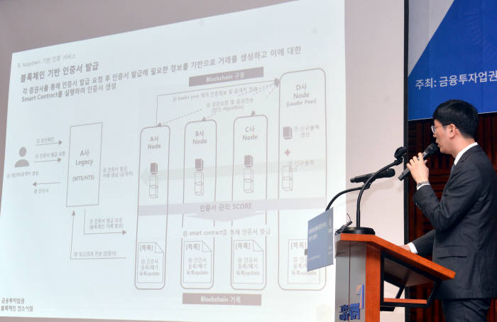 한국금융투자협회는 31일 서울 여의도 협회에서 블록체인 기반 금융투자업권 공동인증 서비스를 오픈했다. 김종협 더루프 대표가 루프체인 소개와 확장성에 대해 발표하고 있다. 박지호기자 jihopress@etnews.com