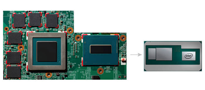 인텔 코어 H는 EMIB 기술로 CPU 칩 1개와 GPU 칩 2개가 패키징돼 있다.