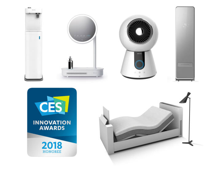 CES2018에서 혁신상을 받은 코웨이 제품 (왼쪽 상단부터)코웨이 나노직수 정수기 P-5600N, 뷰티 플랫폼, 액티브 액션 공기청정기, 의류 관리기, 스마트 베드 시스템