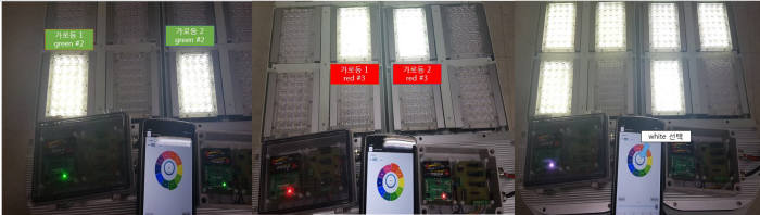 부경대 LED-해양융합기술연구센터가 개발한 '블루투스 메쉬 네트워크 기반 해운항만용 LED가로등 무선제어시스템'의 개별 및 그룹 제어 테스트.