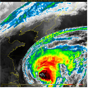 천리안 위성 1호 촬영 영상. 2016년 10월 한반도 태풍(차바) 컬러적외영상