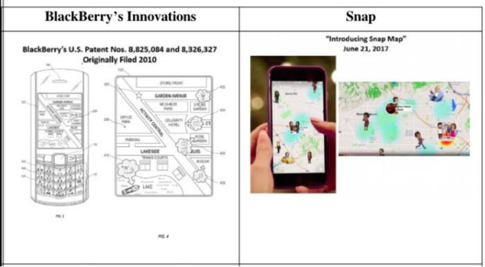 블랙베리는 스냅 소송을 제기하면서 특허 도면과 스냅이 침해한 것으로 추정되는 서비스 이미지를 별도 첨부해 제출했다.