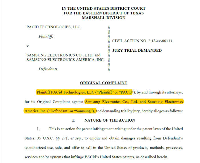 미국 PACid가 텍사스 동부법원에 제기한 소장. 생체인증 특허를 침해했다며 삼성전자와 삼성전자 미국법인을 대상으로 소송을 제기했다.