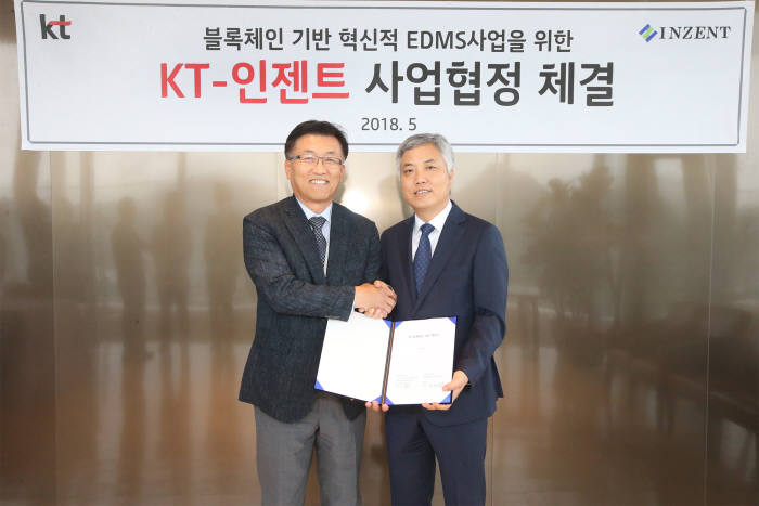 이진우 KT 기업서비스본부장(오른쪽)과 정성기 인젠트 대표가 블록체인기반 혁신적 EDMS 사업을 위한 사업협정을 체결했다.