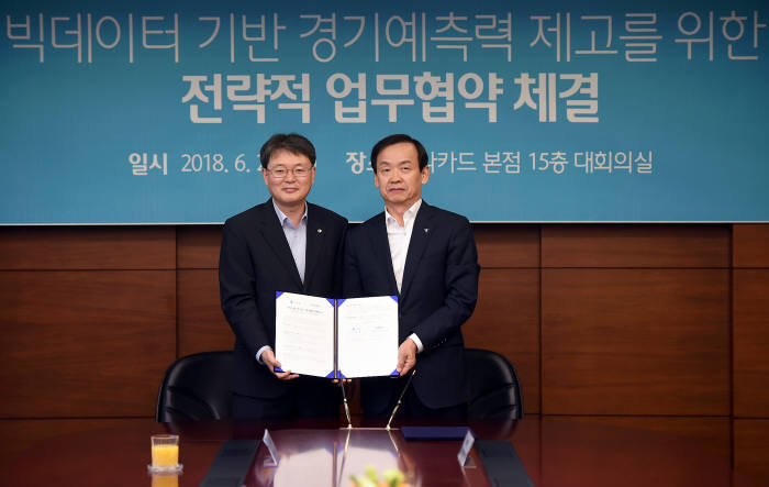 윤면식 한국은행 부총재(왼쪽)와 정수진 하나카드 대표이사.