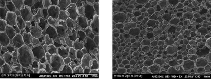 기존 폴리우레탄 단열재 폼과 재생 폴리올 적용 폴리우레탄폼 셀 크기를 비교한 모습