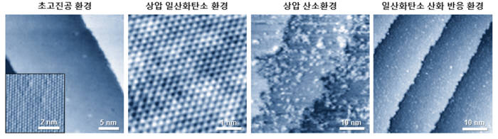 주사 터널링 전자 현미경으로 백금-니켈 촉매 표면 초고진공, 상압 일산화탄소, 상압 산소, 일산화탄소 산화 반응 환경을 실시간 관찰한 이미지