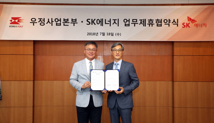 강성주 우정사업본부 본부장(왼쪽)과 조경목 SK에너지 사장이우체국과 주유소를 결합한 미래형 복합 네트워크 개발을 위한 업무협약을 체결했다.