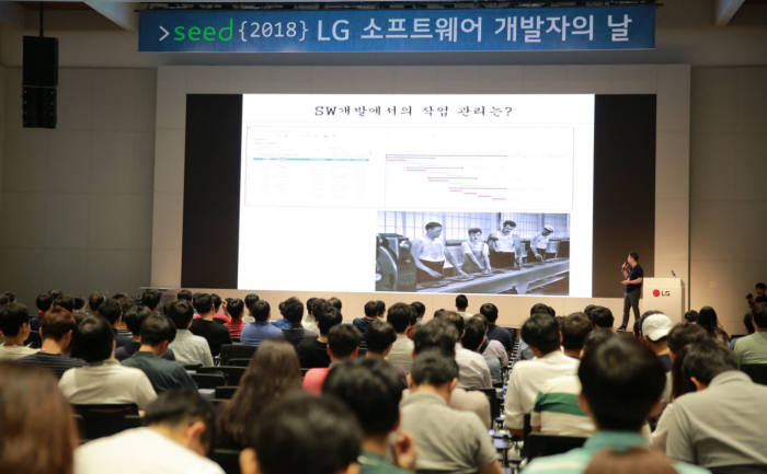 19일 서울 마곡동에 위치한 LG사이언스파크에서 LG 소프트웨어 개발자의 날이 열렸다. 엄위상 LG전자 SW공학연구소장 연구위원이 발표하고 있다.