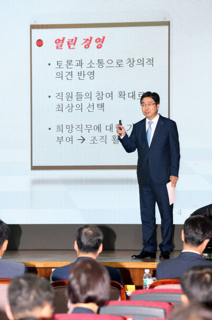 황윤철 BNK경남은행장이 2018년 하반기 경영전략회의에서 CEO 특강을 펼치고 있다.