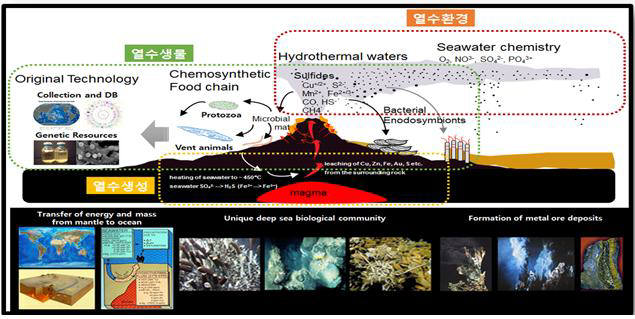 심해저 열수분출공의 생성 원인과 주변 지형 설명도.