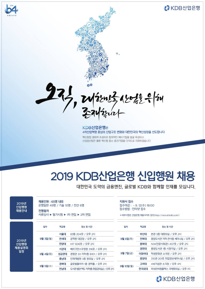 산은, 2019년 신입행원 65명 뽑는다...기술·IT 모집인원 2배 확대