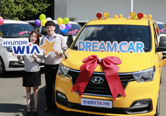 현대위아 임직원들이 1일 경남 창원시 성산구 현대위아 본사에서 열린 2018년 DREAM CAR 전달식에서 복지기관에 전달할 어린이 보호차량과 함께 기념사진을 찍고 있다. (제공=현대위아)