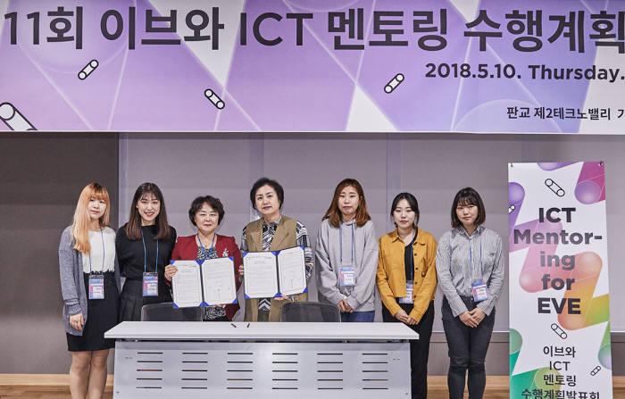 2018 제11회 이브와 ICT멘토링 수행계획발표회에서 서일대학교팀이 IT여성기업인 멘토와 협약을 맺으며 기념촬영했다.