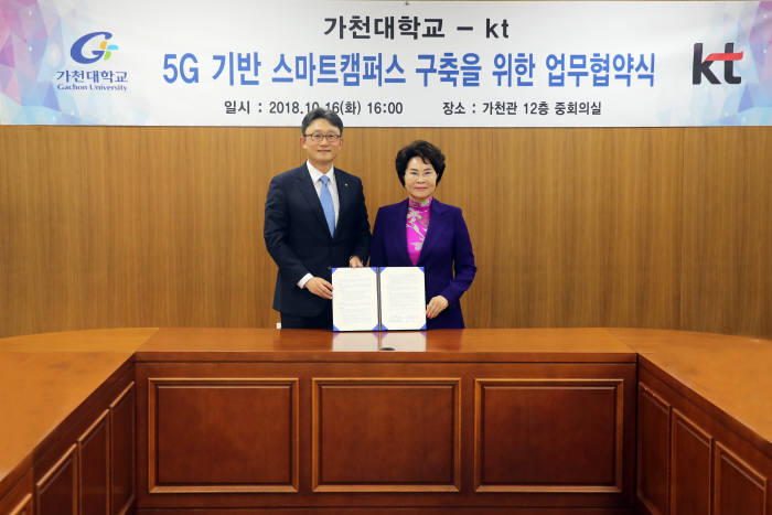 박윤영 KT 기업사업부문장(왼쪽)과 이길여 가천대 총장이 5G 기반 스마트 캠퍼스 조성을 위한 협약을 체결했다.