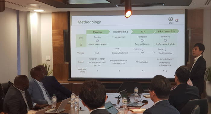 KT가 보츠와나 가보로네(Gaborone)에 위치한 BTC 본사에서 LTE 네트워크 컨설팅 사업 프로젝트 착수 보고회를 진행하는 모습.