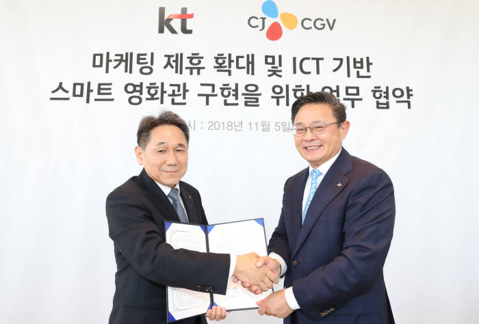 이필재 KT 마케팅 부문장(부사장)(왼쪽)과 최병환 CJ CGV 대표.