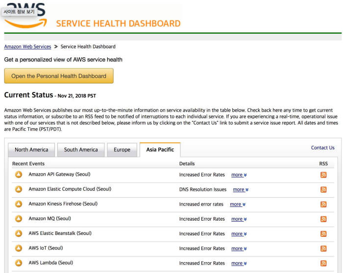 AWS 서비스 헬스 대시보드. 서울리전 DNS에 이상을 표시했다.