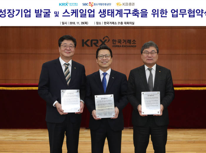 왼쪽부터 전병조 KB증권 사장, 정지원 한국거래소 이사장, 이상직 중소기업진흥공단 이사장.