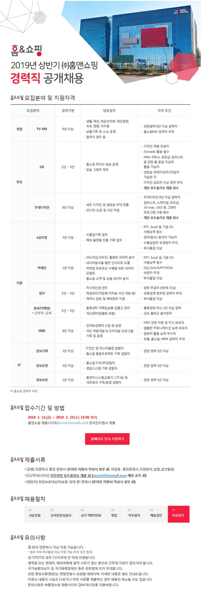 홈앤쇼핑, 새해 첫 경력직 인재 공개채용