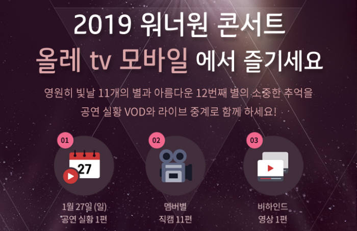 KT가 27일 2019 워너원 콘서트 Therefore 공연을 올레 tv와 올레 tv 모바일에서 단독 생중계한다. 워너원 콘서트 생중계와 주문형 비디오(VoD) 패키지를 3만8500원에 판매한다.