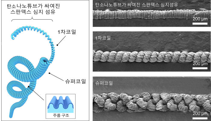 슈퍼코일섬유 제작 모식도(왼쪽)와 섬유를 확대한 모습