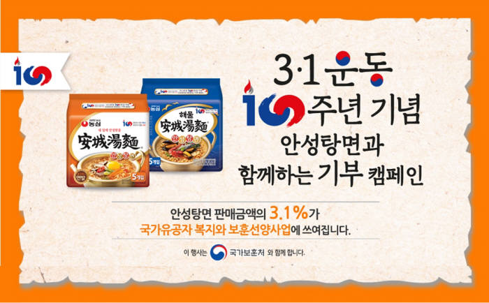 농심, 3·1운동 100주년 기념 안성탕면 매출 3.1% 기부