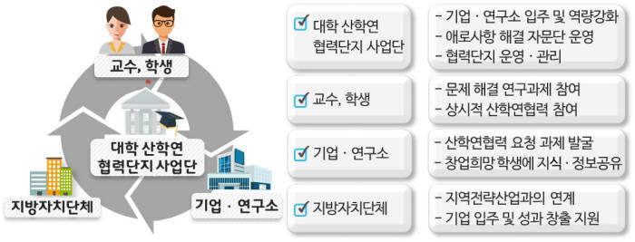 대학을 지역 산학연 거점으로 키우는 사업들이 관심을 끈다. 사진은 대학 내 산학연 협력단지 구축에 대한 개념도. 자료=교육부