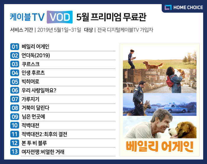 홈초이스는 디지털케이블TV 가입자를 대상으로 5월 프리미엄 무료관을 통해 베일리 어게인, 언더독, 쿠르스크, 인생후르츠 등 VoD 13편을 무료로 서비스한다.