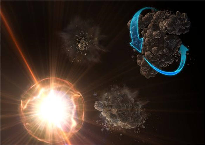 강한 빛으로 우주 먼지가 회전하고 더 작은 입자로 쪼개지는 것을 상상한 네이처 아스트로노미 5월 6일자 표지 그림