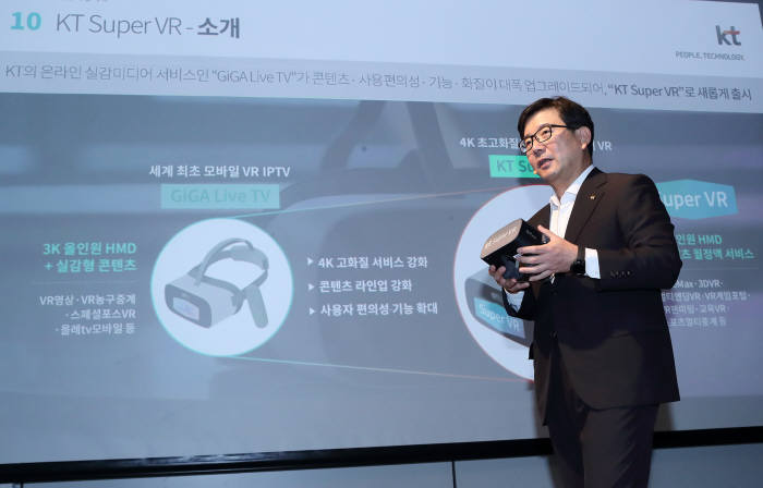 KT 뉴미디어사업단 김훈배 단장이 기자설명회에서 국내 최초 4K 무선 VR 서비스 KT 슈퍼VR에 대해 설명하고 있다.