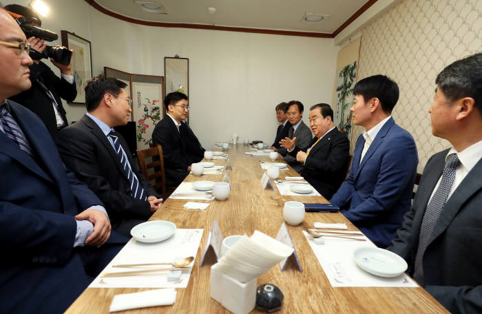 문희상 국회의장(오른쪽 세 번째)이 5개 정당 정책연구원장과 간담회를 가졌다.