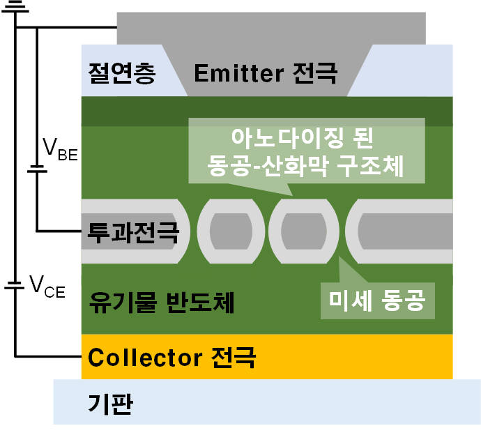 새로운 아노다이징 투과전극을 적용한 수직 유기 트랜지스터 개요도