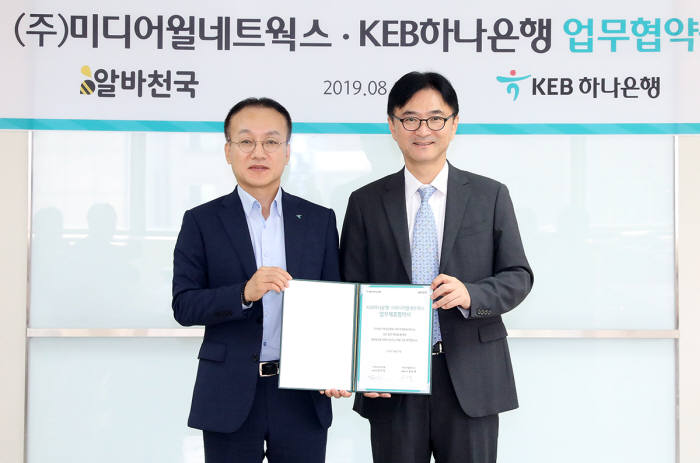 김기석 KEB하나은행 서초영업본부장(왼쪽)과 공선욱 미디어윌네트웍스 대표.