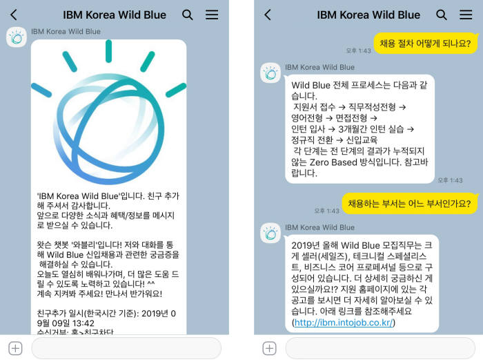 한국IBM 신입사원공채 관련 카카오톡 챗봇 대화 이미지. 한국IBM 제공