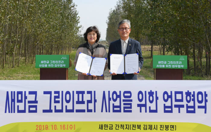 16일 김재현 산림청과 김현숙 새만금개발청장이 새만금 배후도시용지에서 새만금 그린인프라 사업활성화를 위한 업무협약을 체결했다.